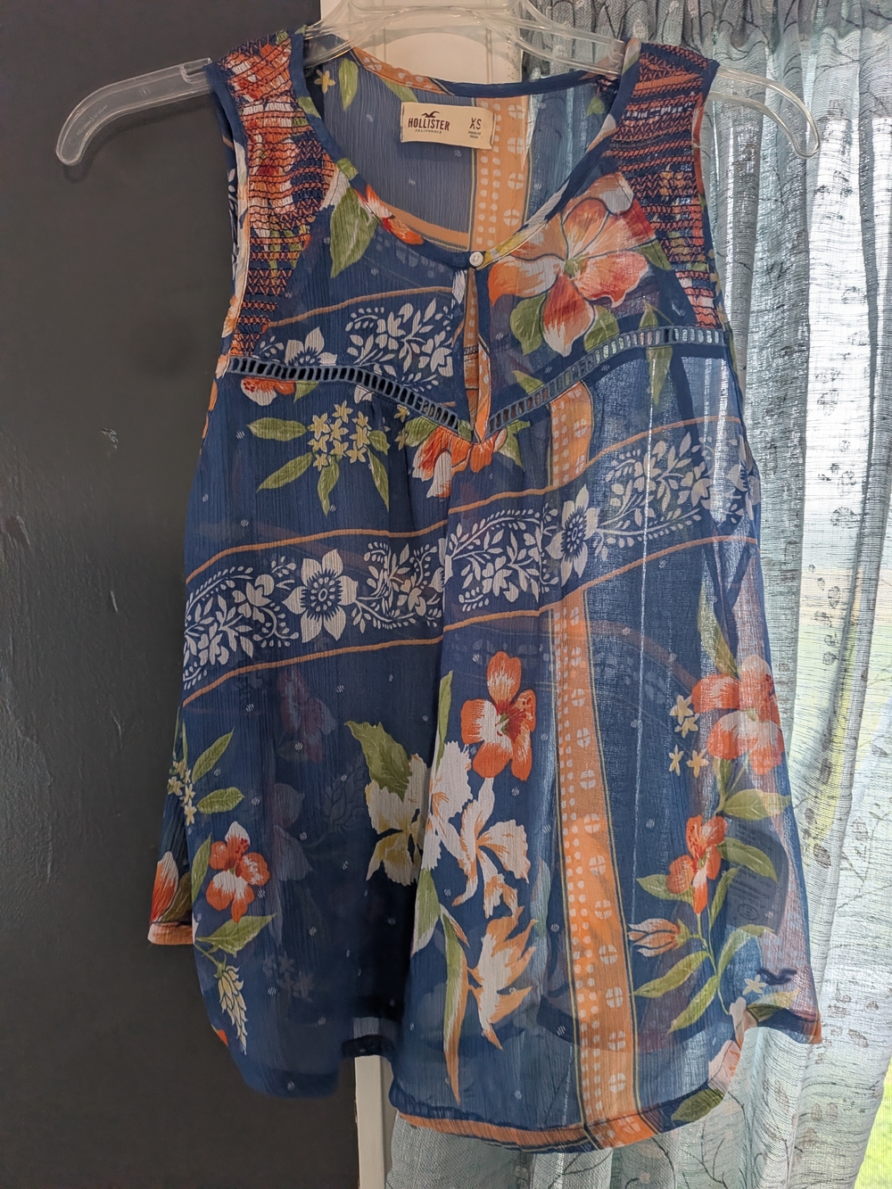 Hollister Blue Floral Sheer Sleeveless Blouse